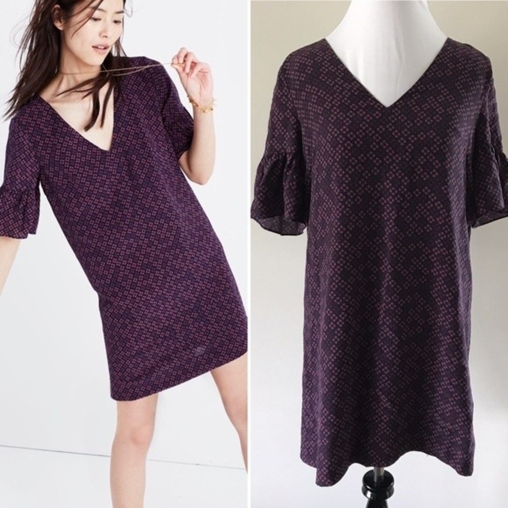 Madewell Silk Bell Sleeve Painted Clover Shift Dress, Size 2